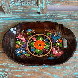 Vintage 14” Glossy Floral Hand-painted Oblong Wood Tray With Handles